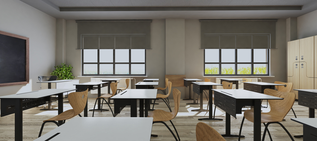 Classroom design with modern desks, seats, blackboard, watch and door side view 3D rendering 