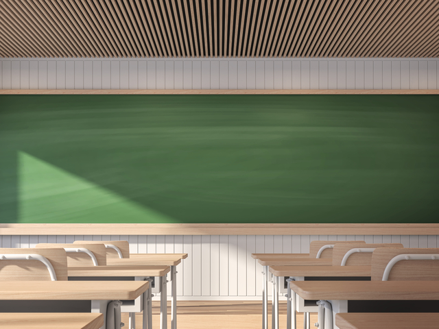 Modern contemporary classroom with empty blackboard 3d render,The classroom has white walls and wooden floors decorated with wooden student desks. The sunlight shines into the room.