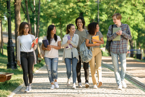 multiethnic group young cheerful students walking1