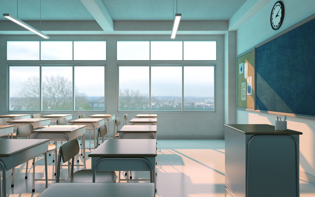 school classroom with chairsdesks chalkboard without student