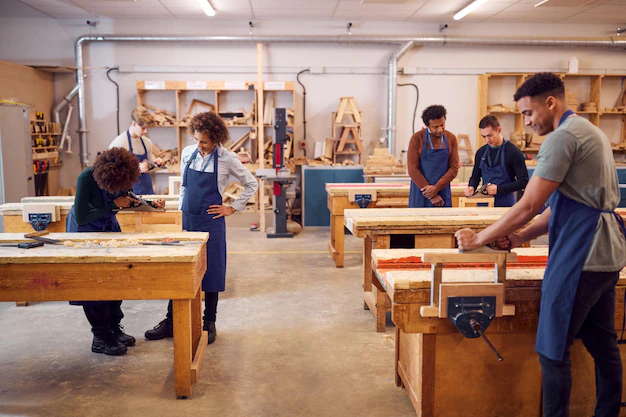 wide angle view carpentry workshop with students studying apprenticeship college 625516 2609